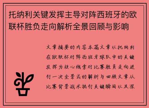 托纳利关键发挥主导对阵西班牙的欧联杯胜负走向解析全景回顾与影响